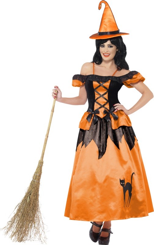 Déguisement sorcière noir et orange femme Halloween