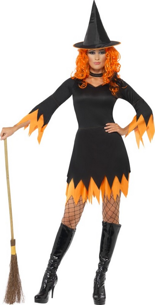 Déguisement sorcière orange et noire femme Halloween