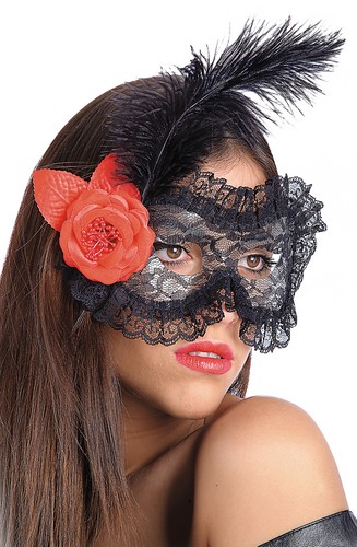 Loup dentellé noir avec fleur et plume adulte