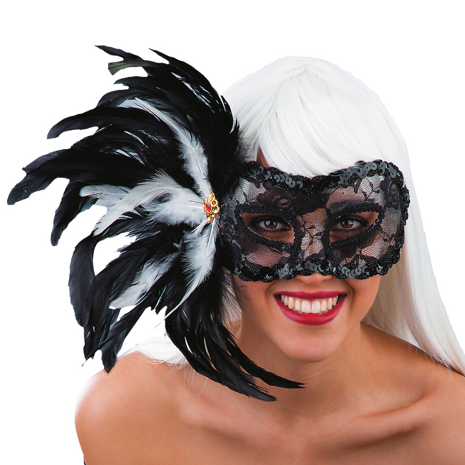 Loup dentelle noir plumes adulte