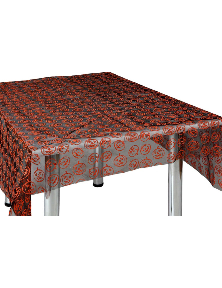 Nappe en voile noire avec citrouilles oranges 148 x 144 cm