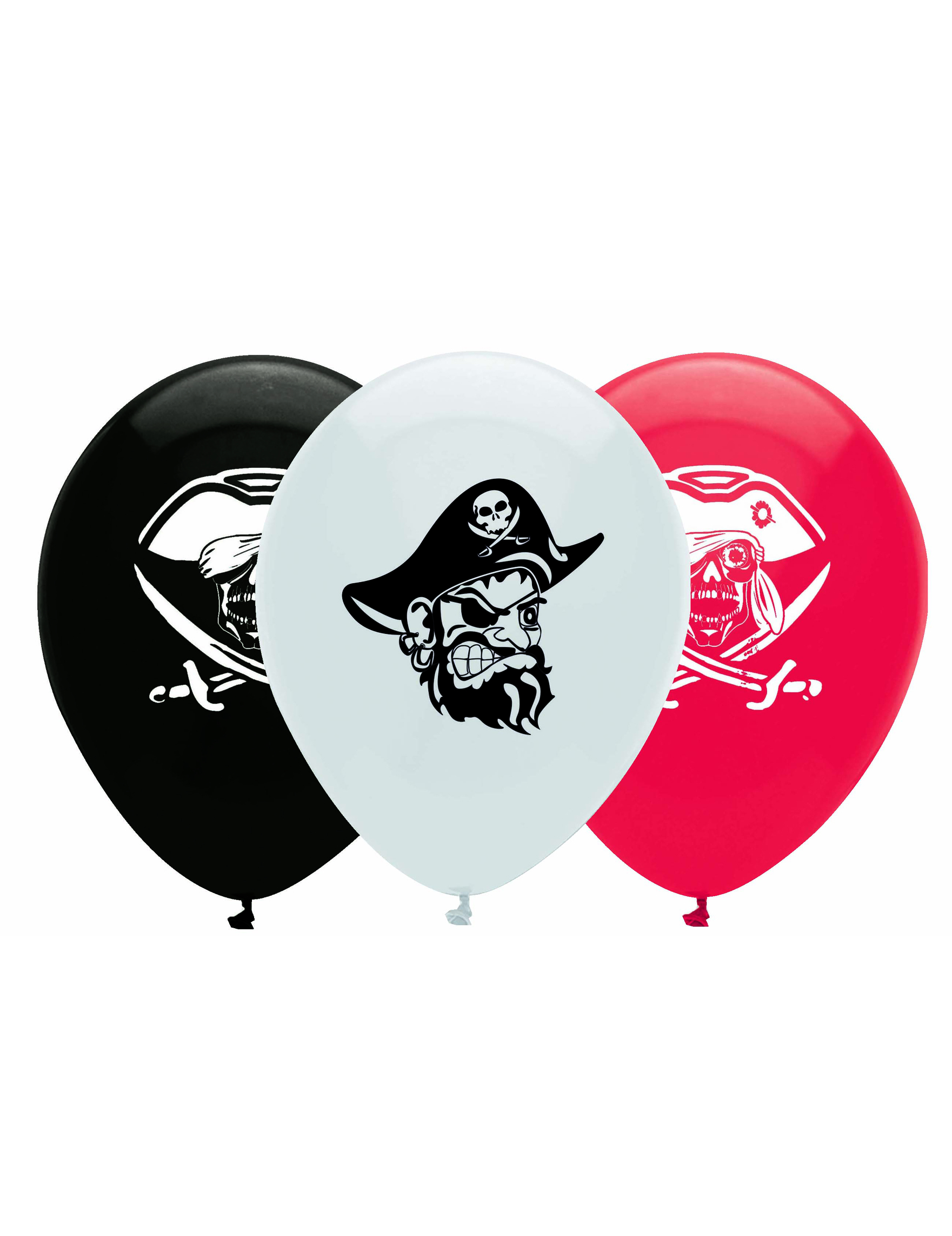 6 Ballons en latex pirate noir, blanc et rouge 30 cm