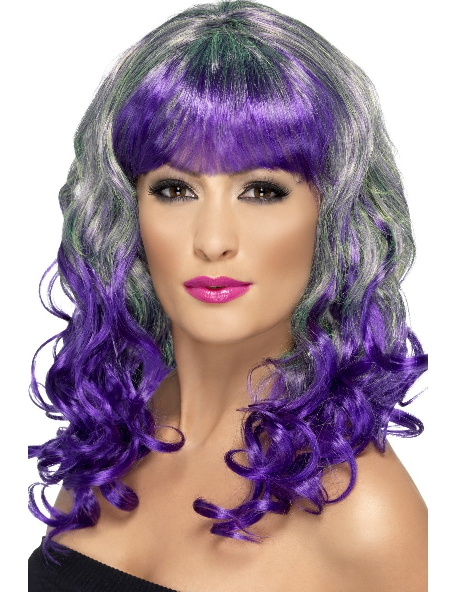 Perruque bouclée verte et violette femme