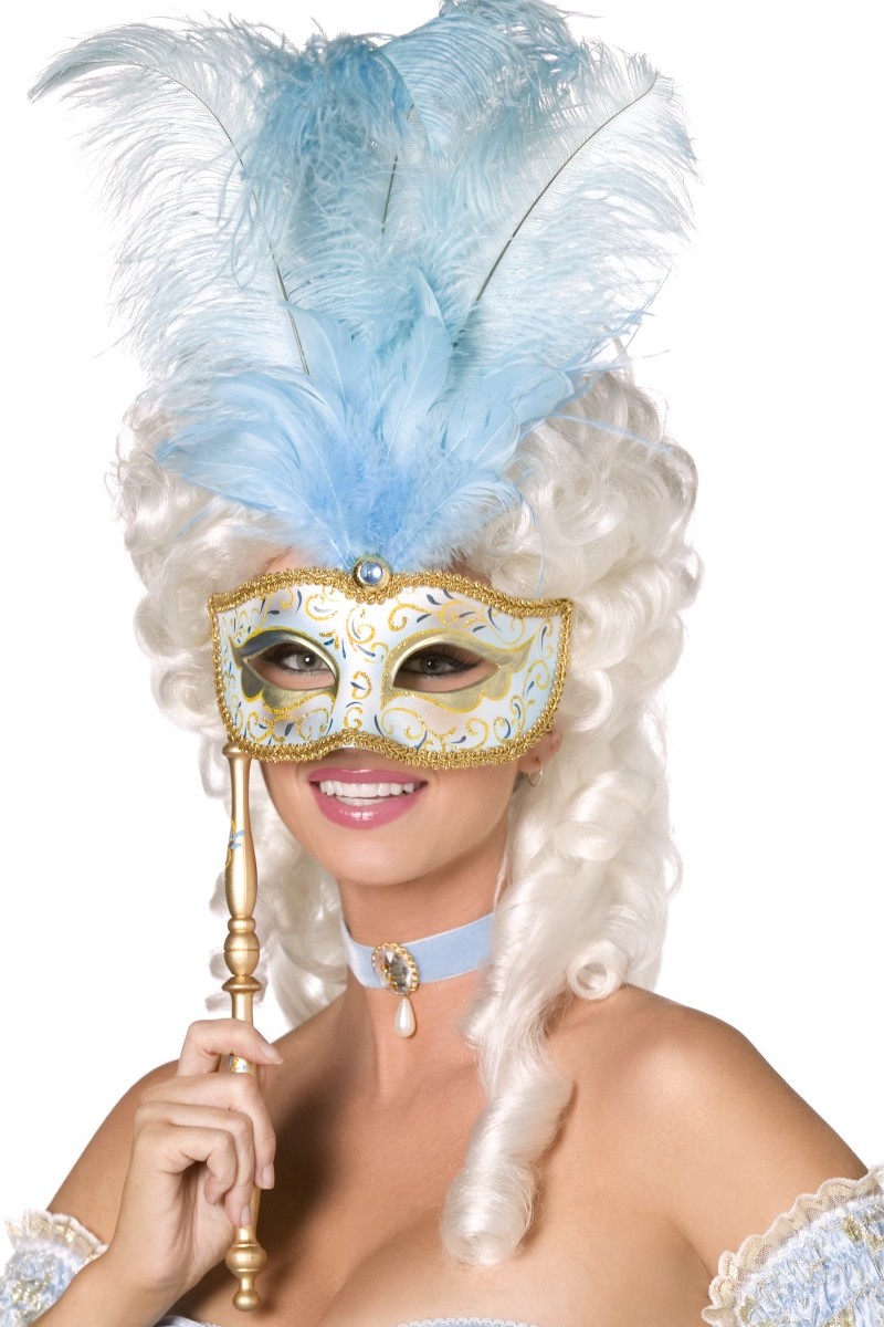 Loup vénitien bleu et or avec grandes plumes adulte