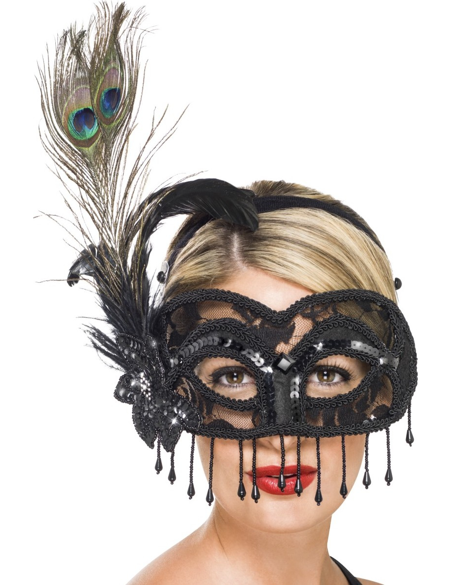Loup noir dentelle et sequins plumes de paon adulte