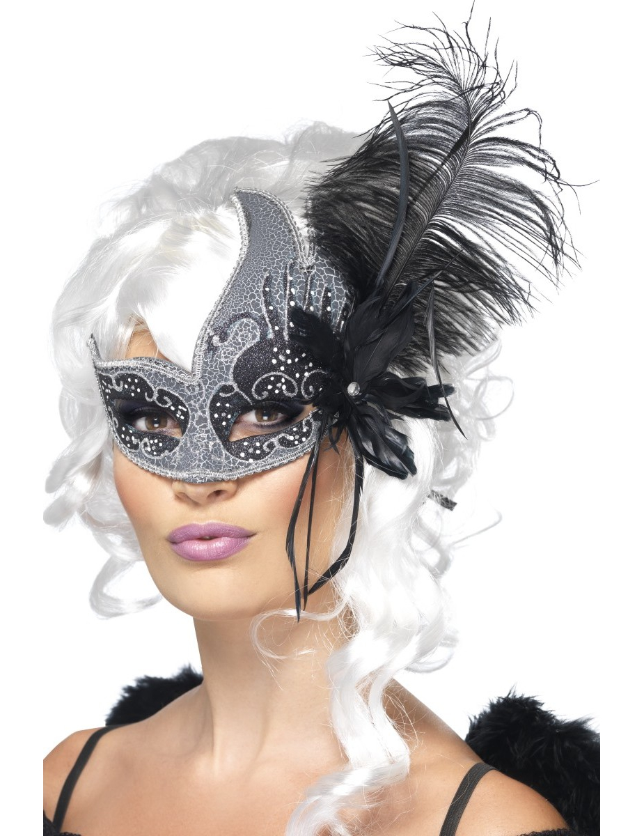 Loup vénitien ange noir avec grande plume noir adulte