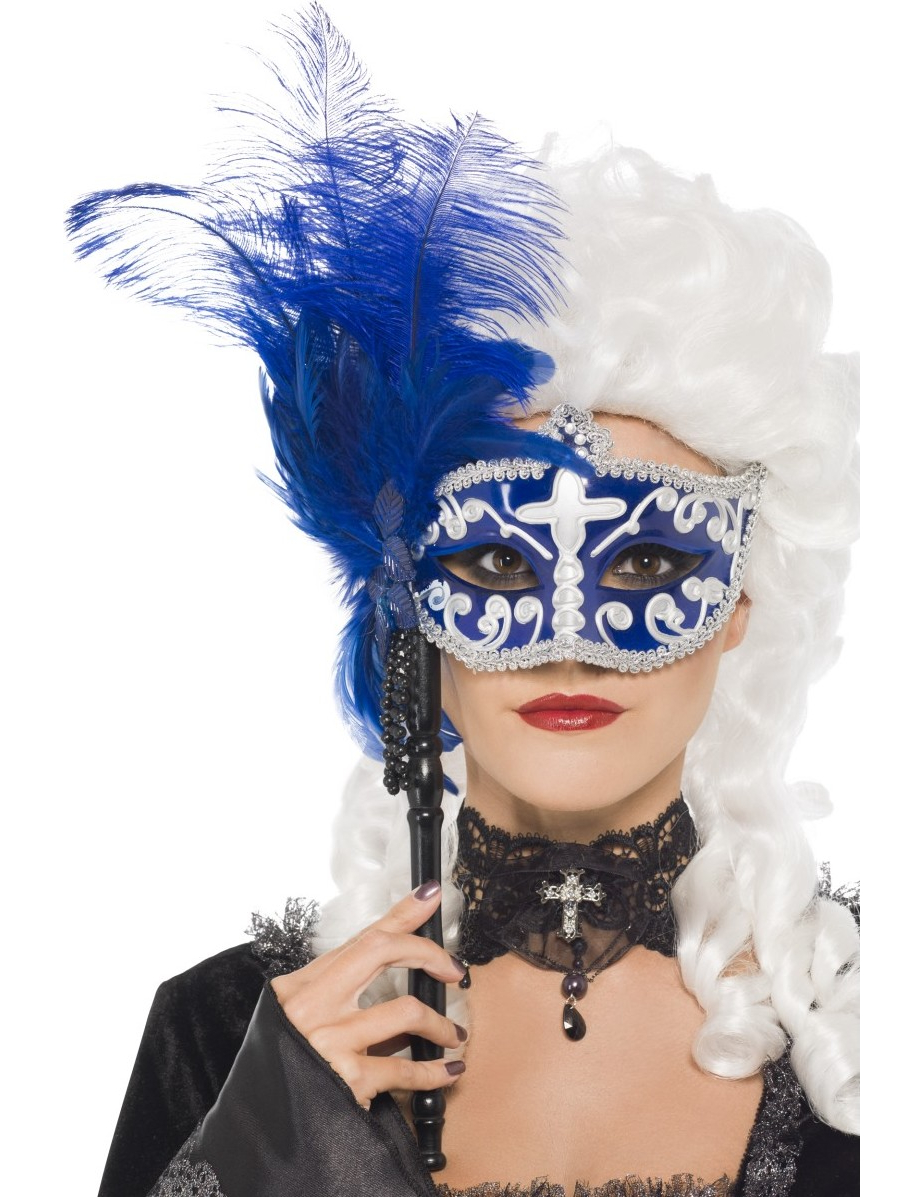 Loup vénitien bleu et blanc avec grande plume adulte