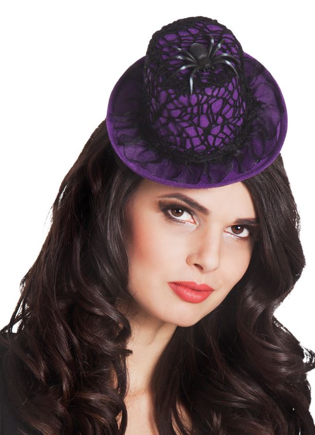 Mini chapeau violet toile d'araignée femme Halloween