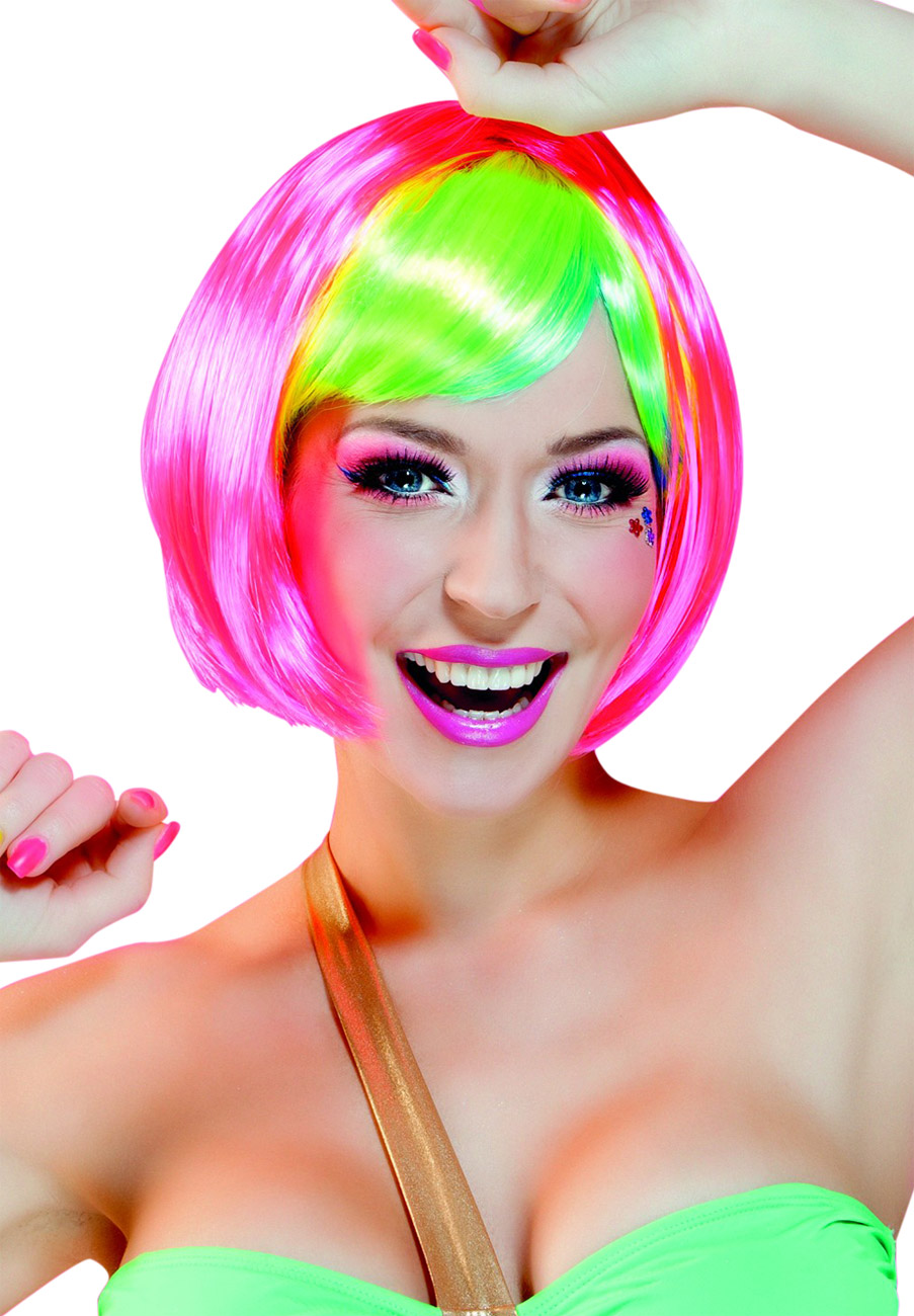 Perruque courte rose frange multicolore femme