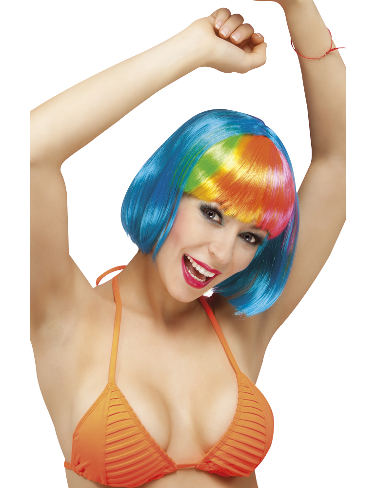 Perruque courte bleue frange multicolore femme