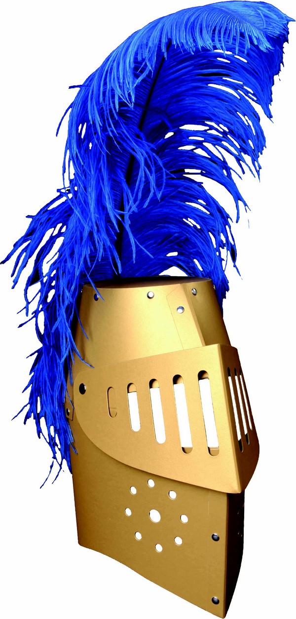 Casque chevalier or en carton riveté avec plume enfant
