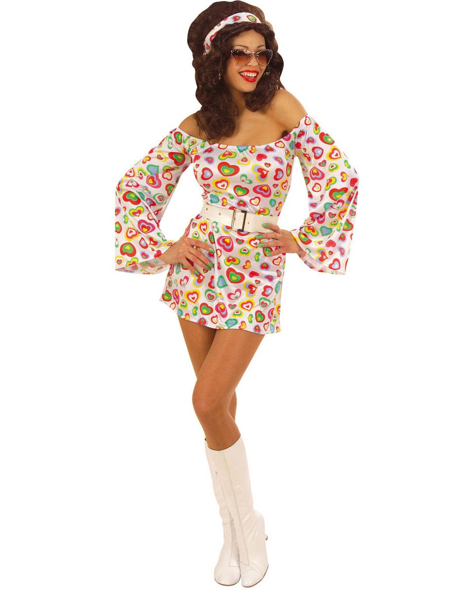 Déguisement robe blanche à coeurs années 70 femme