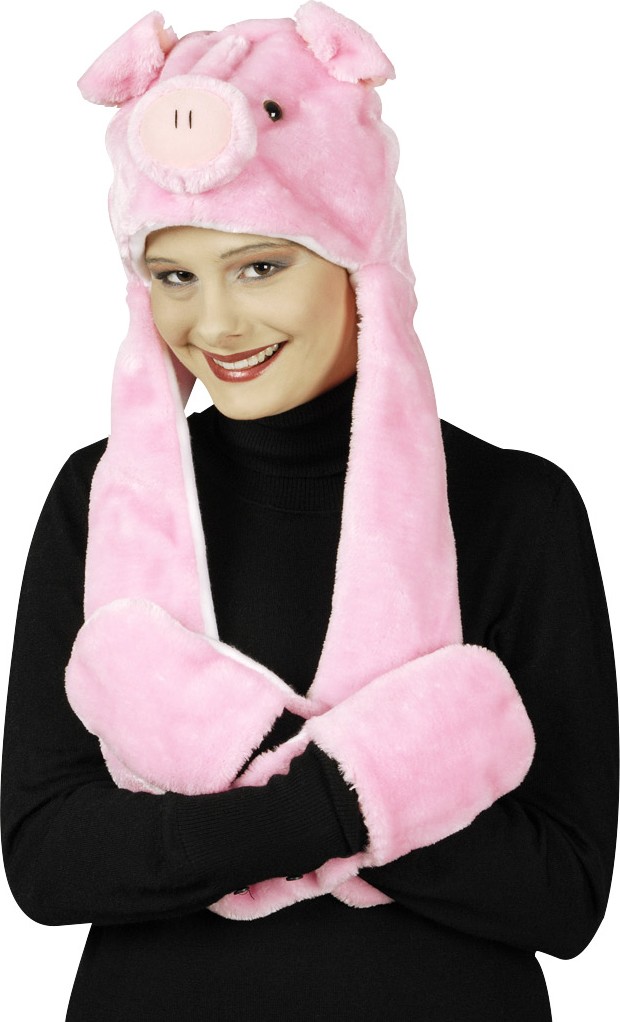 Bonnet cochon avec moufles adulte