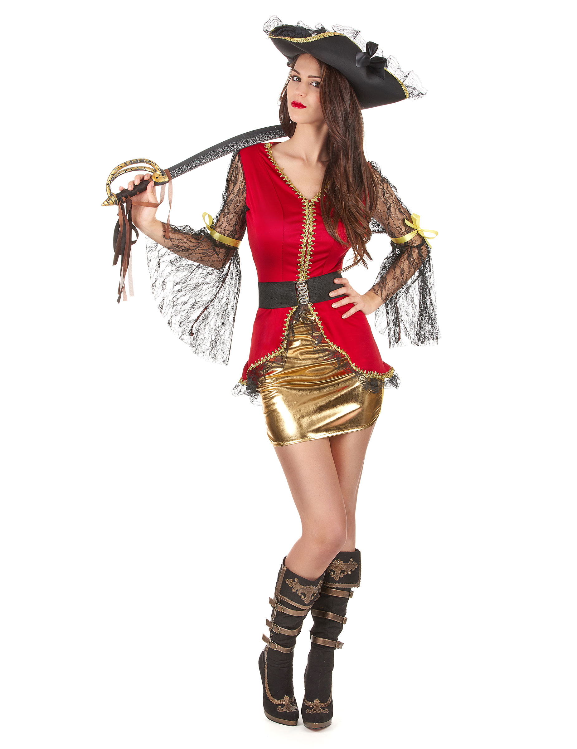 Déguisement pirate rouge et doré femme
