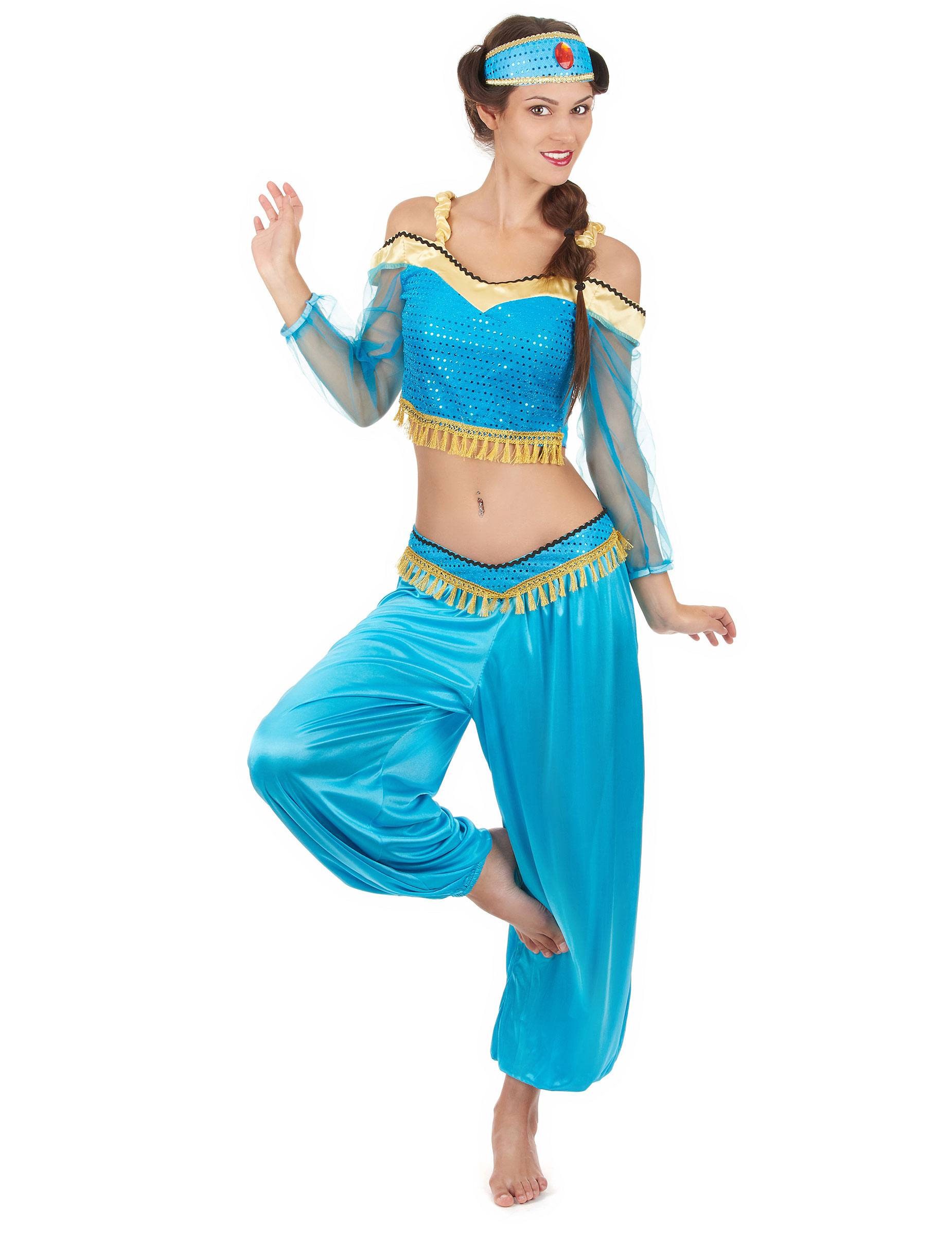 Déguisement danseuse orientale bleue et or femme