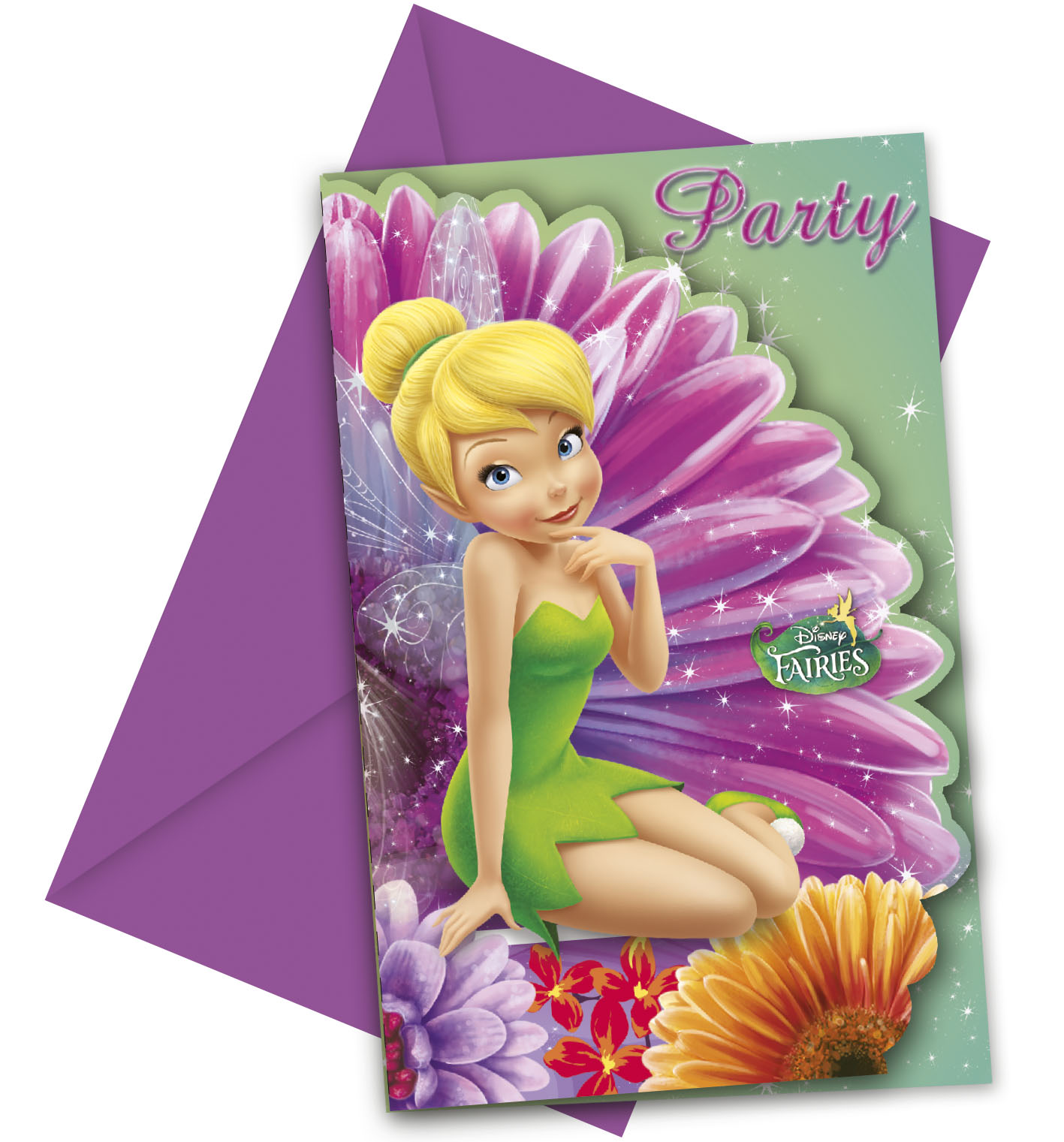 6 Cartes invitations + enveloppes Fée Clochette