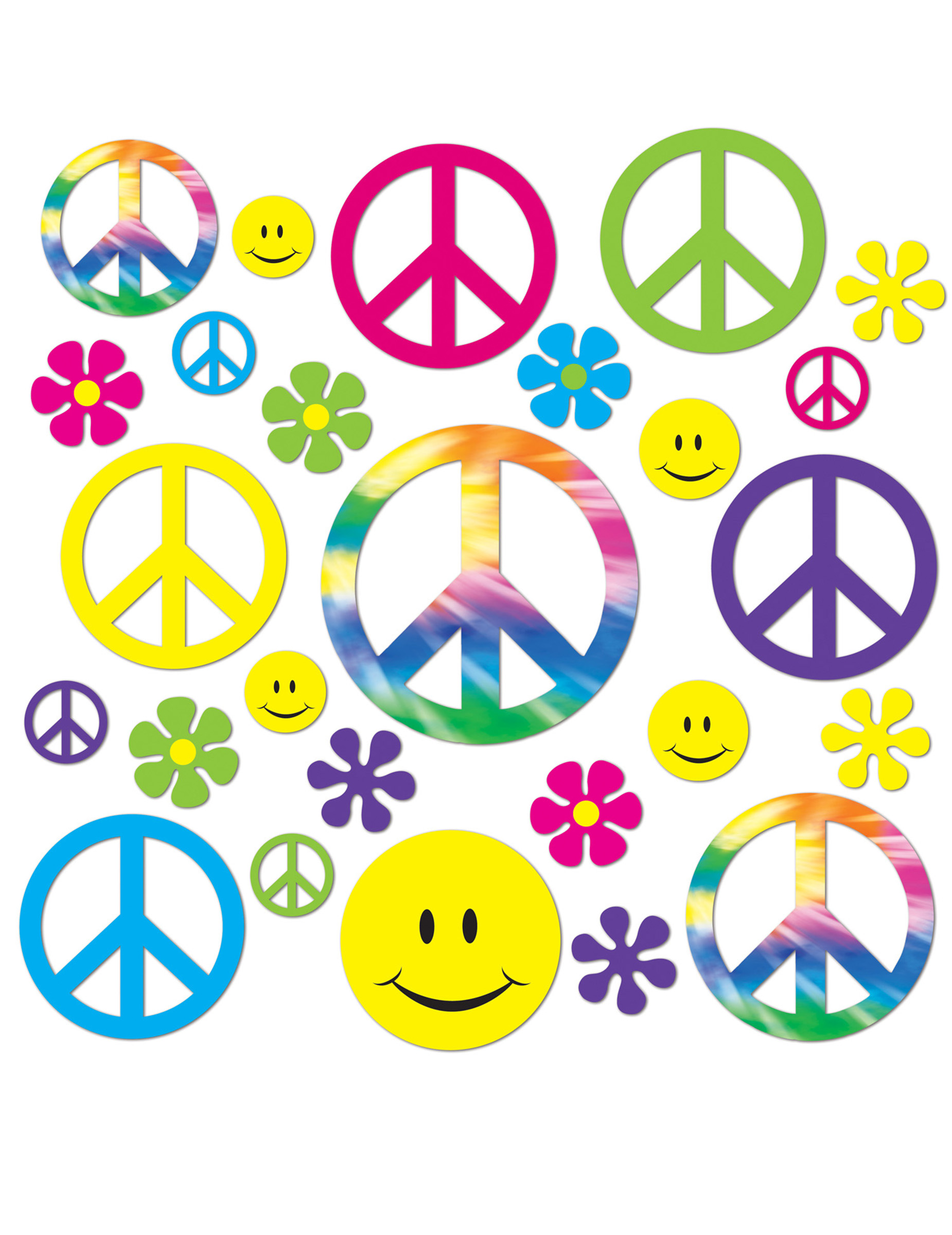 42 décorations cartonnées hippie peace, smileys et fleurs