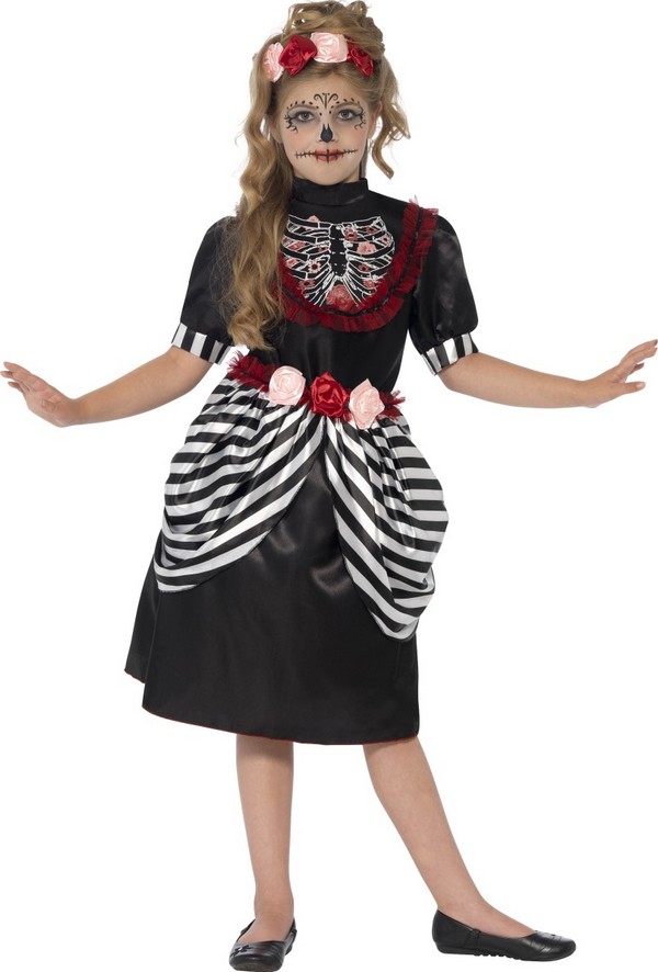 Déguisement squelette rayé petites roses fille Halloween