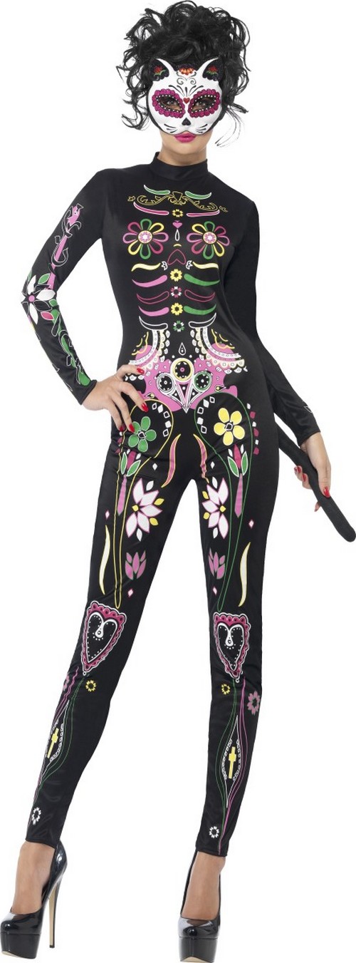 Déguisement combinaison squelette coloré femme Halloween