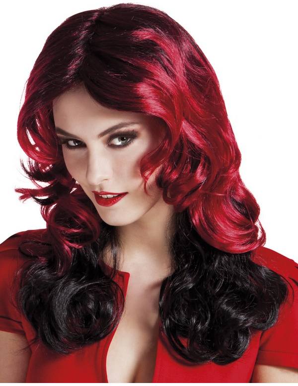 Perruque mi-longue rouge et noire femme