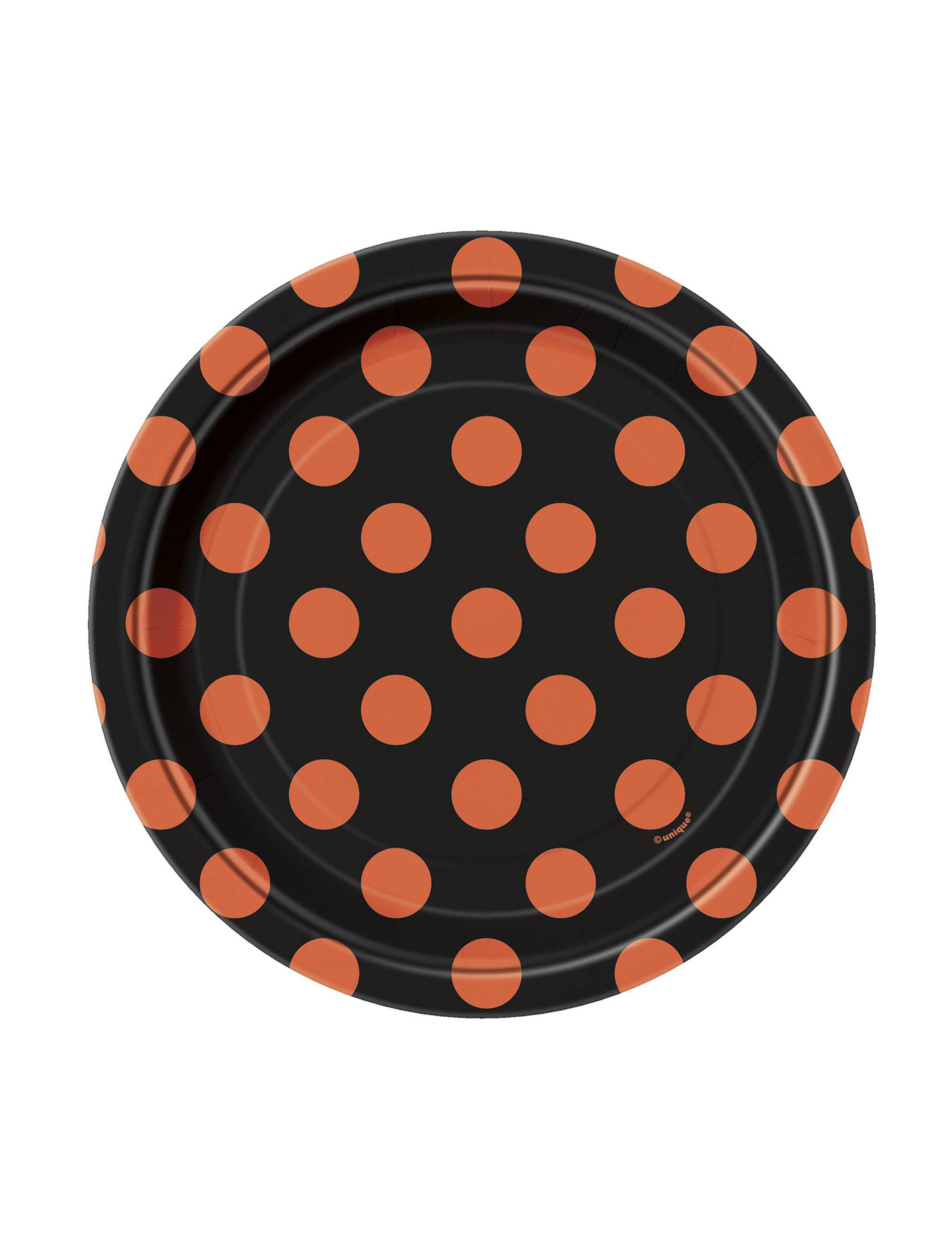 8 Petites Assiettes noires à pois orange en carton 17 cm