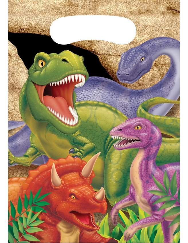 8 Sacs cadeaux en plastique anniversaire Dinosaures 16 x 22 cm