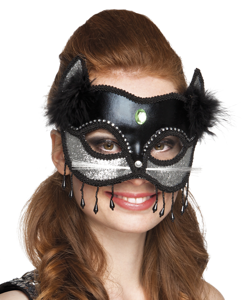 Masque chat noir et argent avec fourrure sexy femme