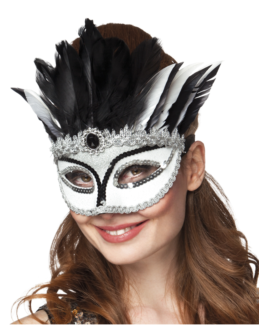 Masque blanc et argent avec plumes femme