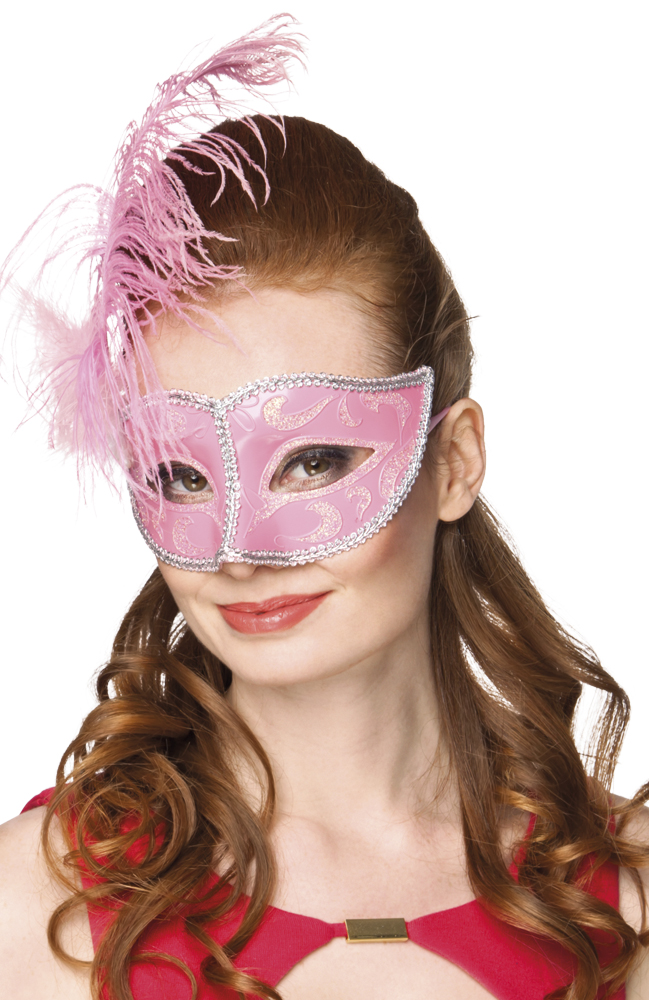 Loup vénitien rose pâle avec plumes femme