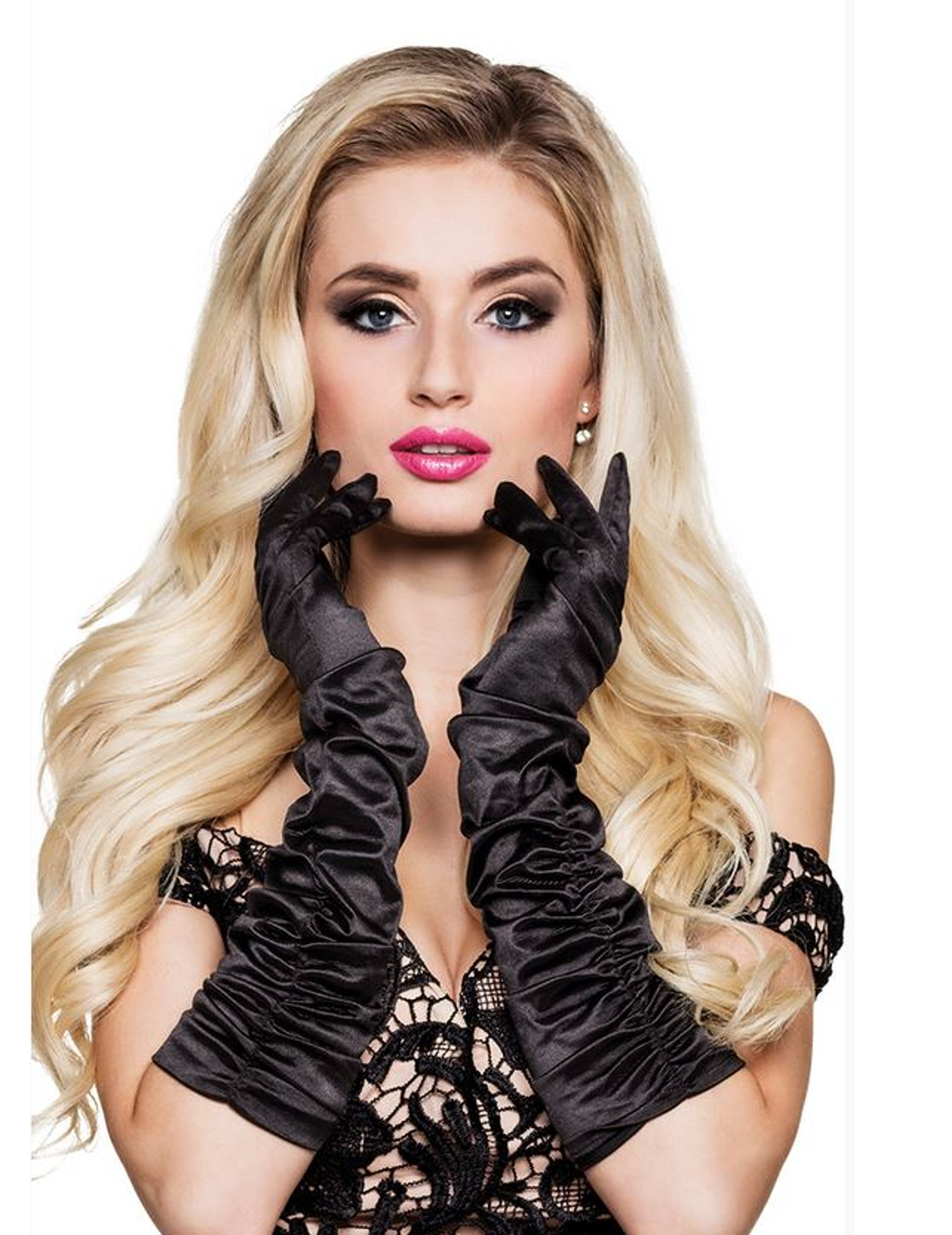 Gants longs satinés noirs femme