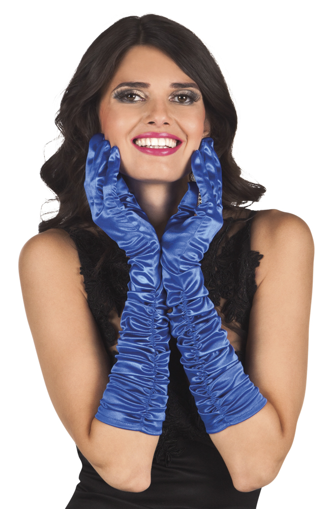 Gants longs satinés bleus femme