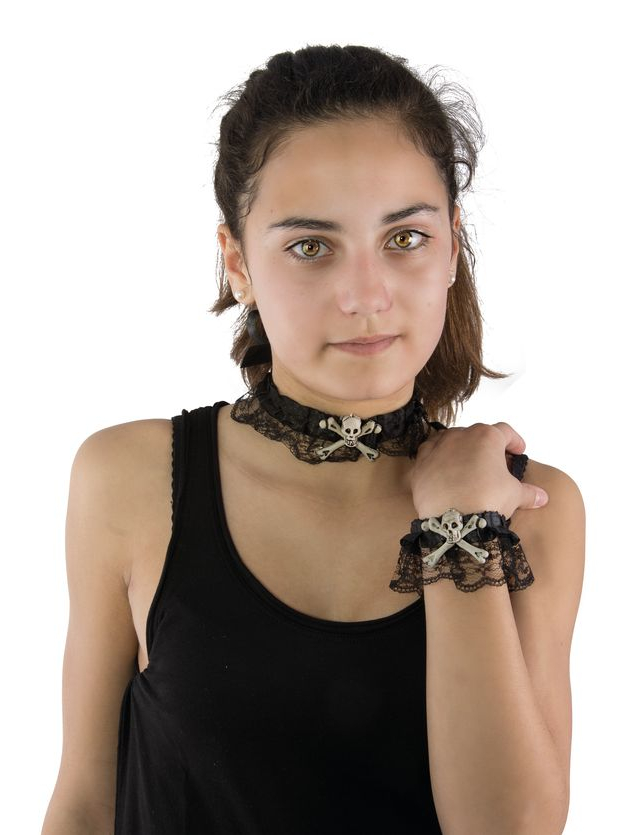 Collier et bracelet dentelle avec tête de mort et os Halloween