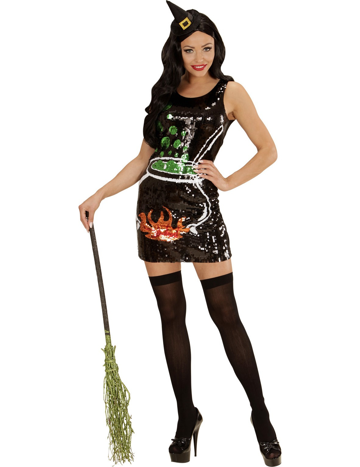 Déguisement sorcière paillettée chaudron femme Halloween