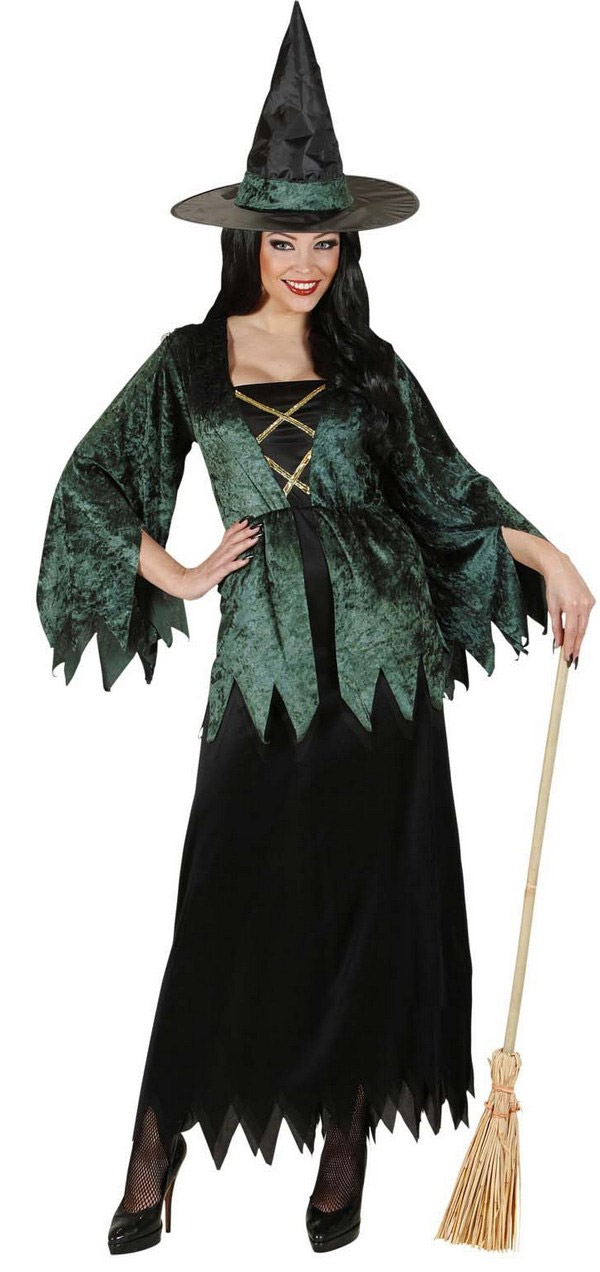 Déguisement sorcière verte velours et noire femme Halloween