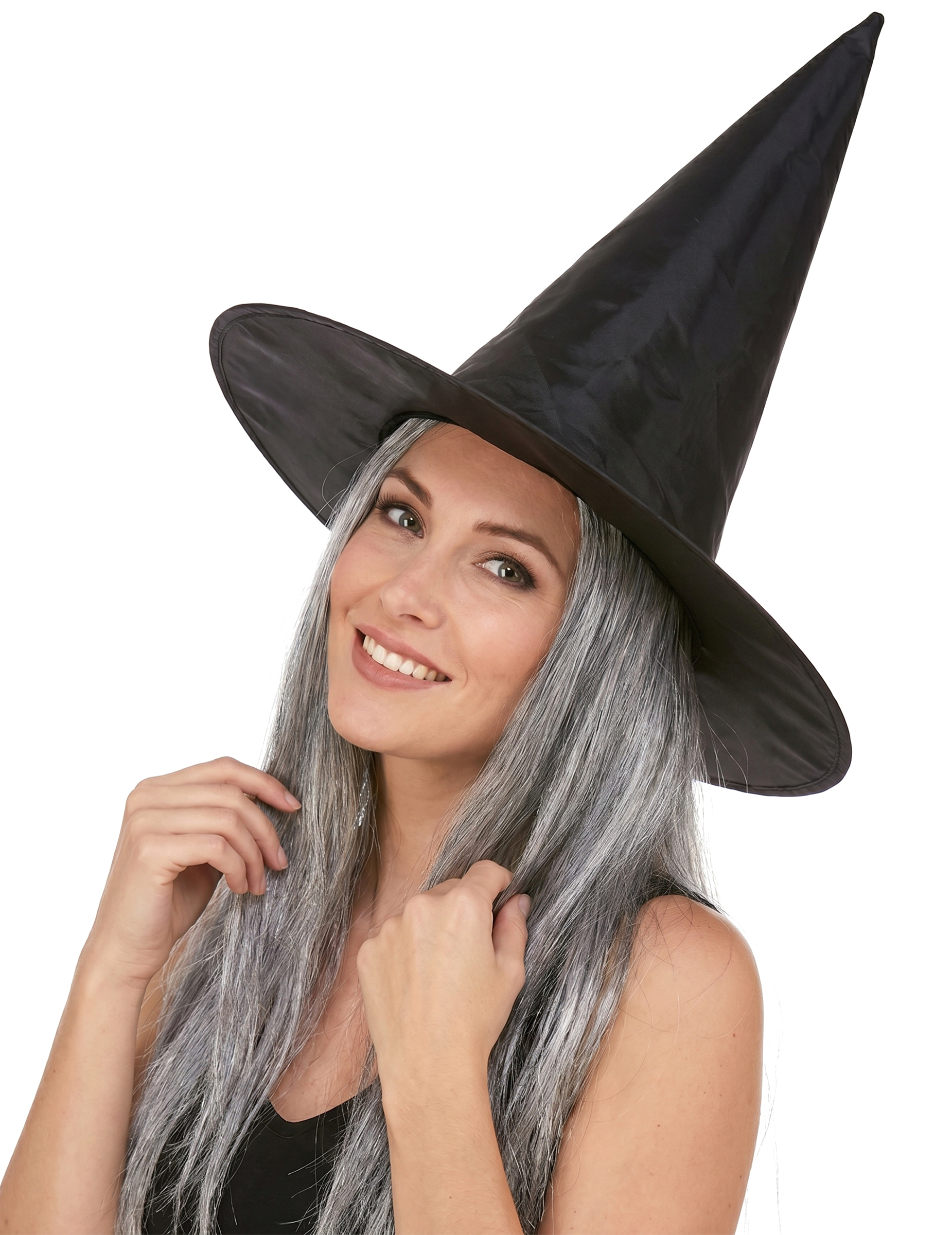 Chapeau sorcière noir avec cheveux gris adulte Halloween
