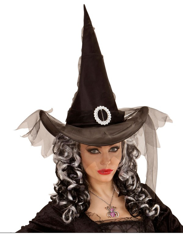 Chapeau sorcière noir avec voile femme