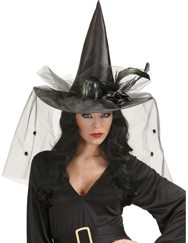 Chapeau sorcière avec tulle et plumes femme Halloween