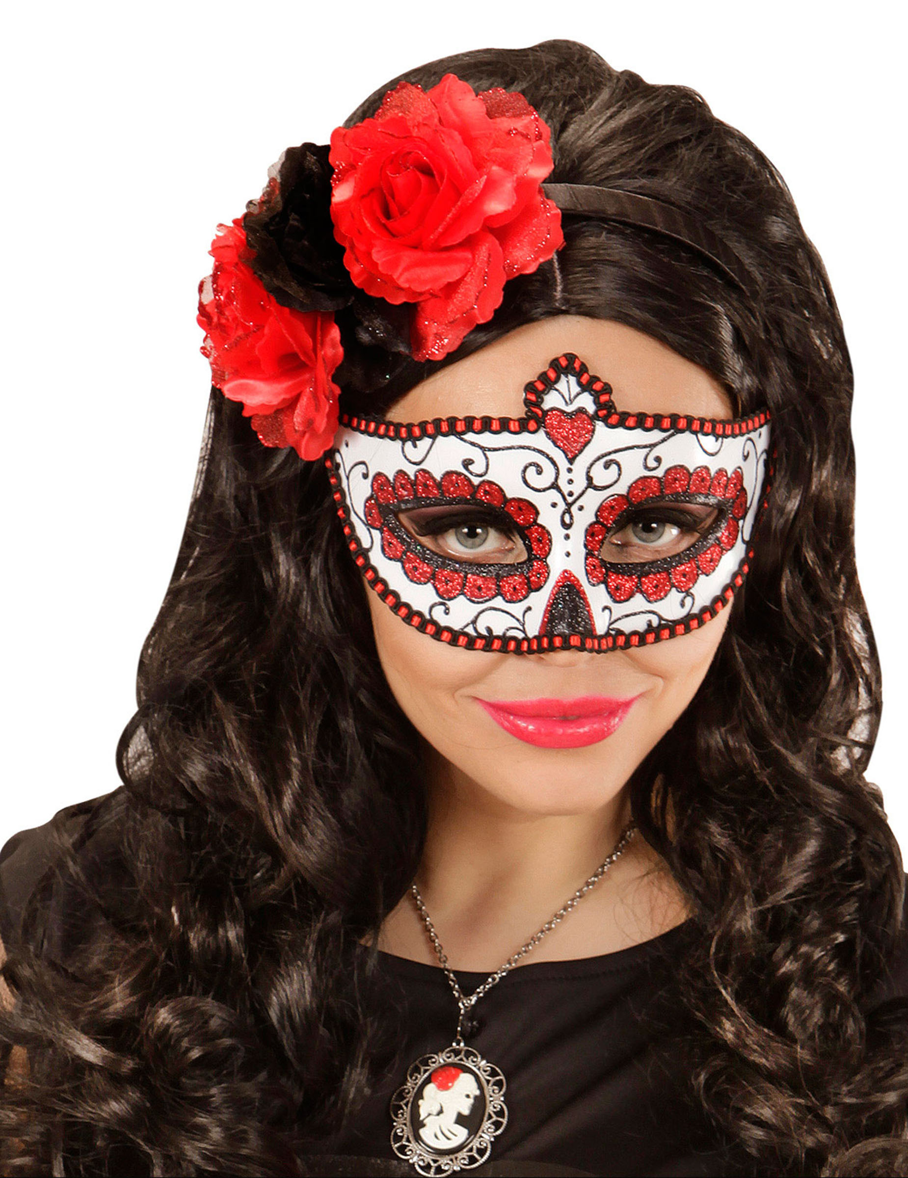 Loup coloré rouge pailletté adulte Dia de los muertos