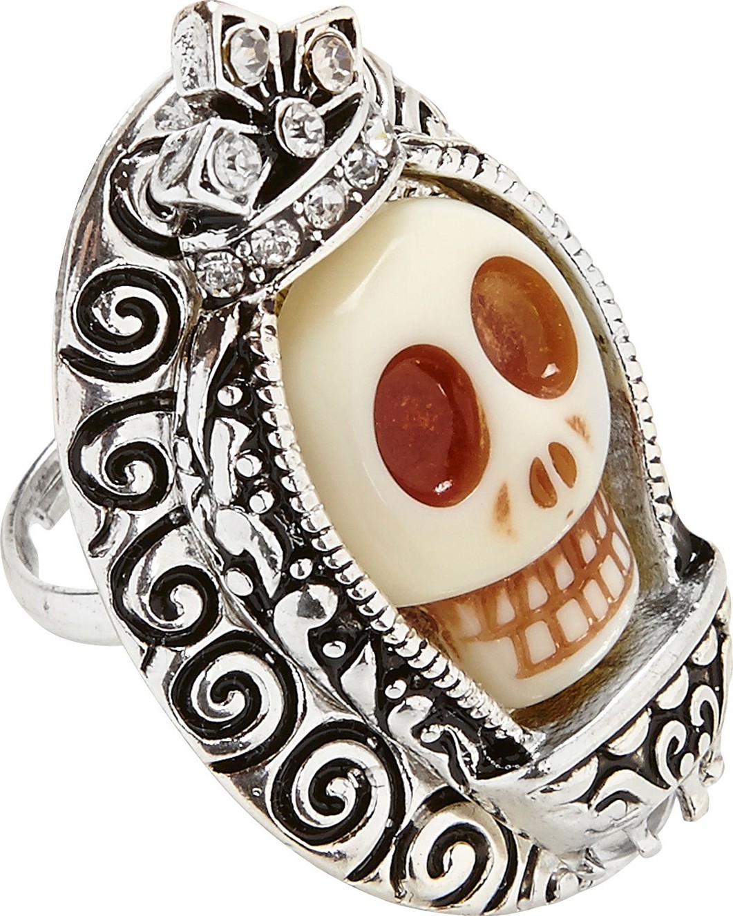 Bague argentée avec crâne et strass adulte