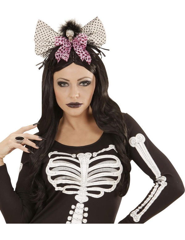 Serre-tête avec crâne et noeud rose femme Halloween