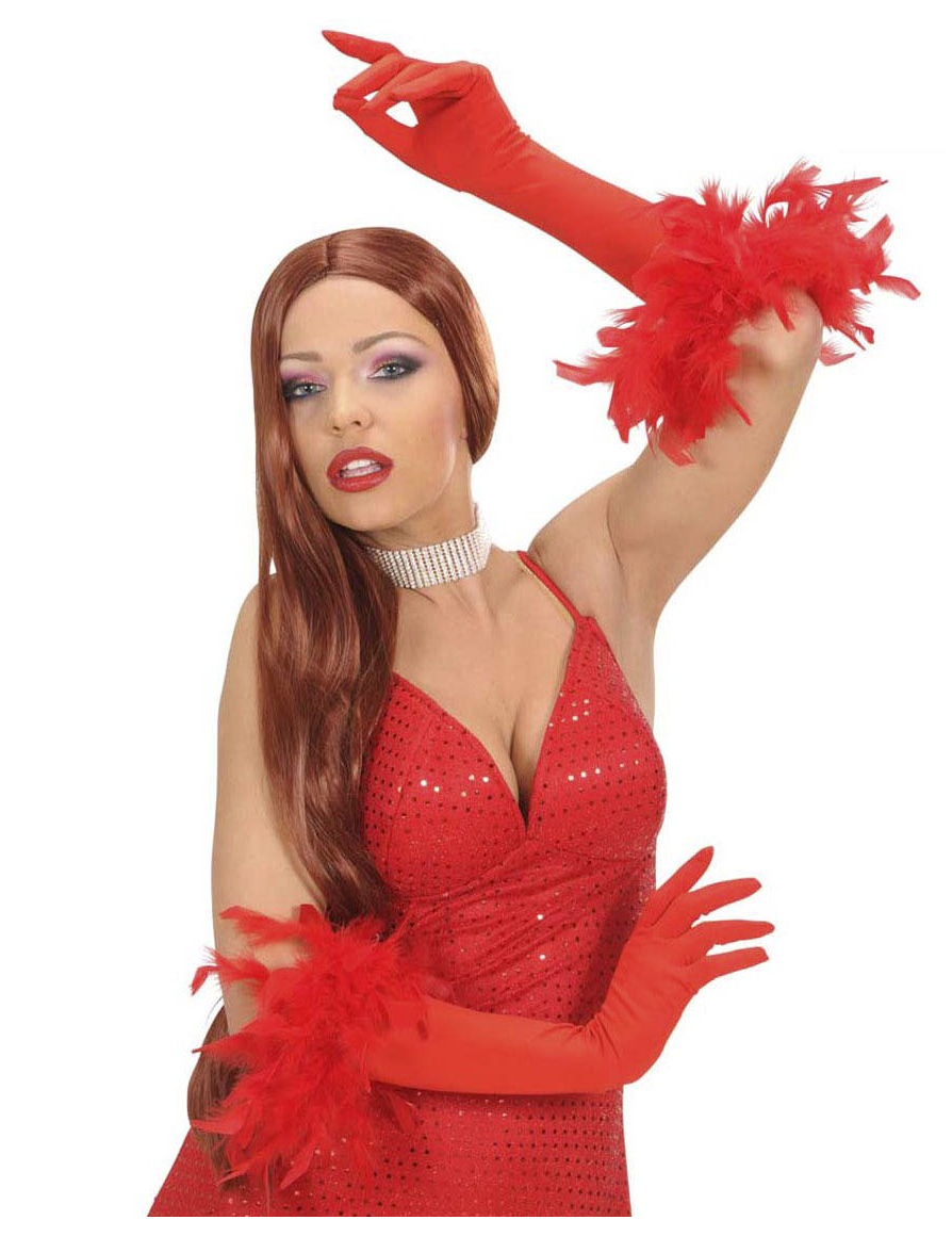 Gants longs rouges avec plumettes adulte
