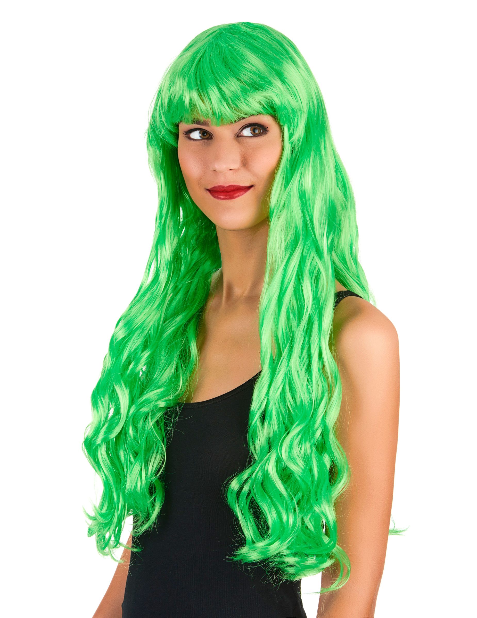 Perruque longue ondulée Vert fluo avec frange femme