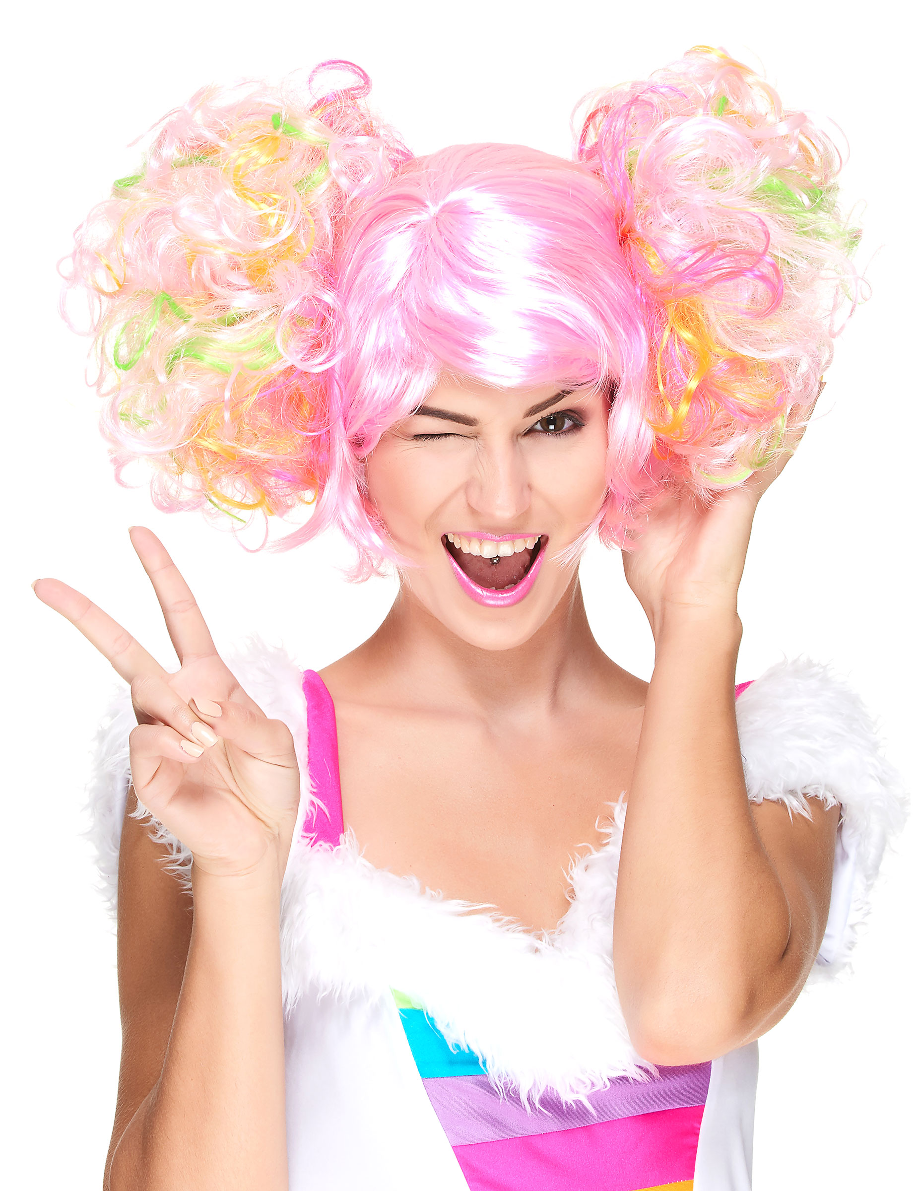 Perruque rose clair à couettes bouclées femme
