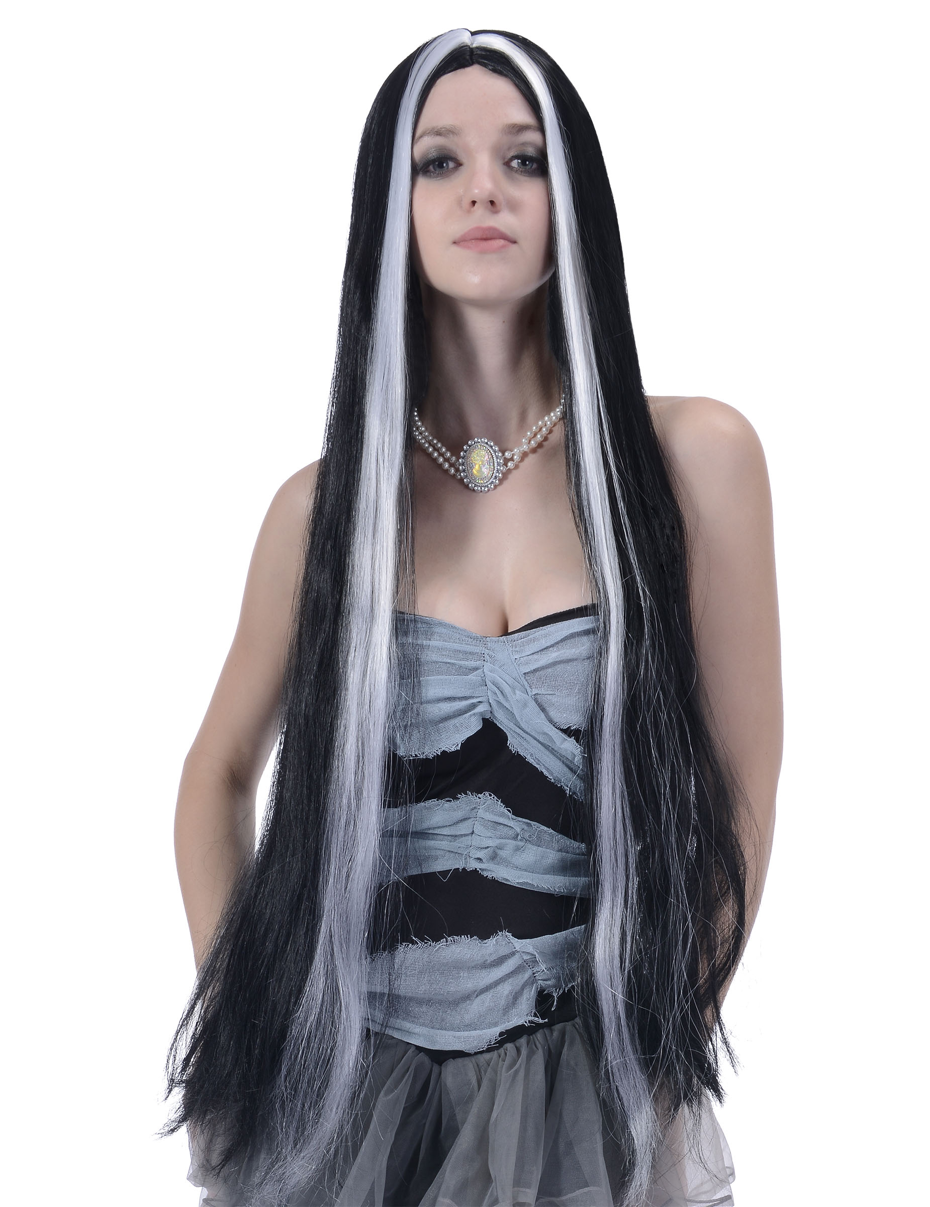 Perruque très longue noire et blanche femme - 90cm