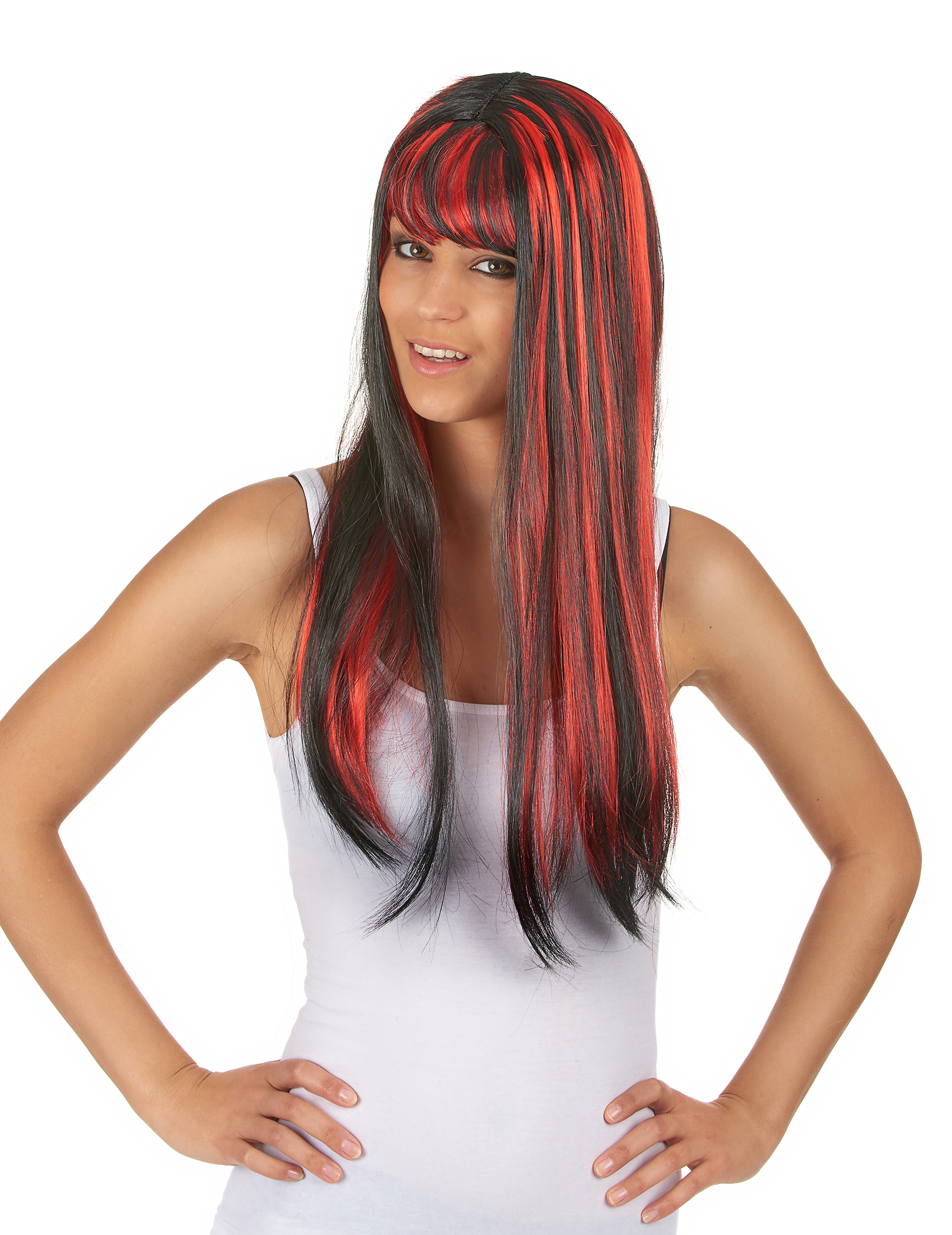 Perruque longue noire avec frange et balayage rouge femme