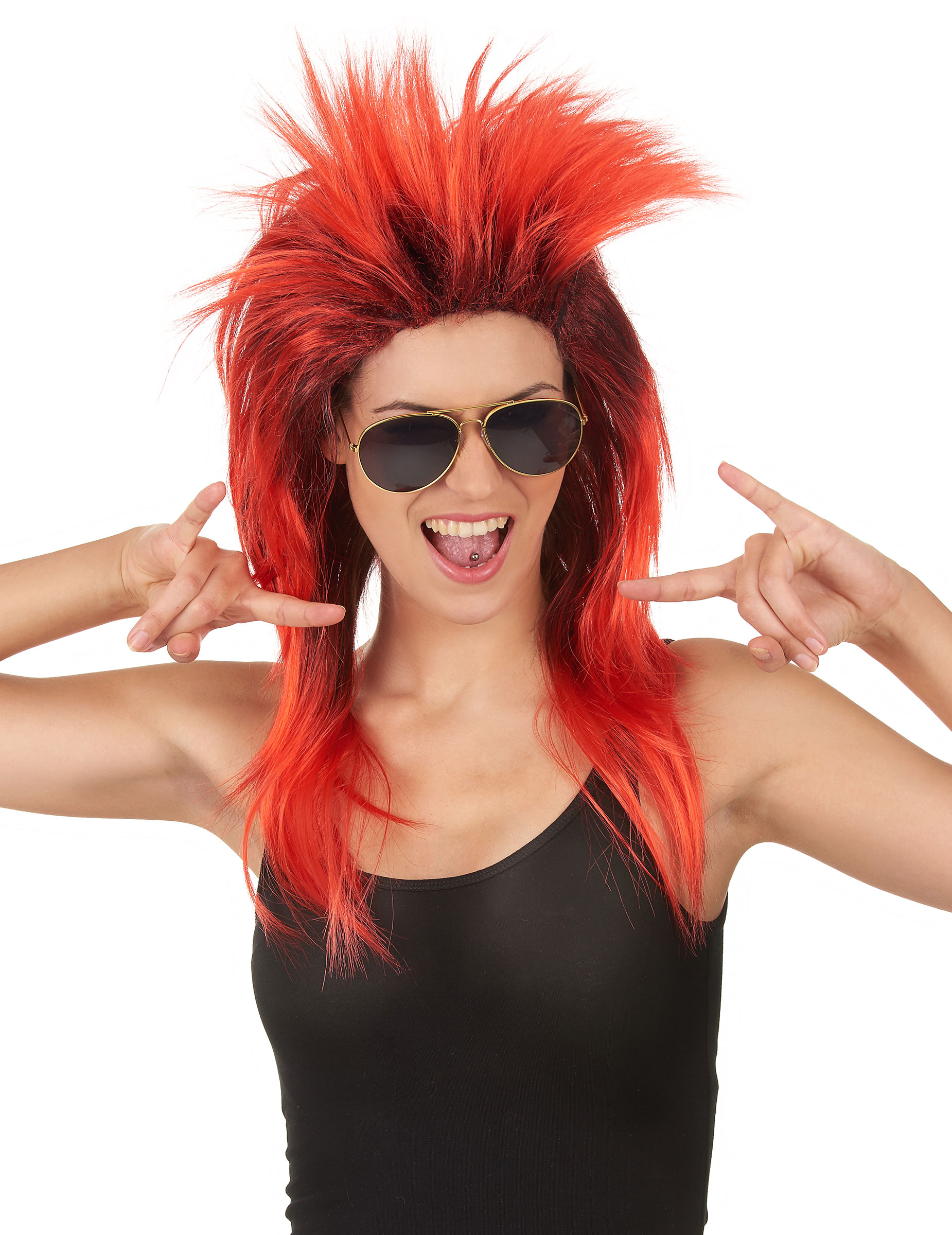 Perruque chanteuse de rock rouge et noire femme