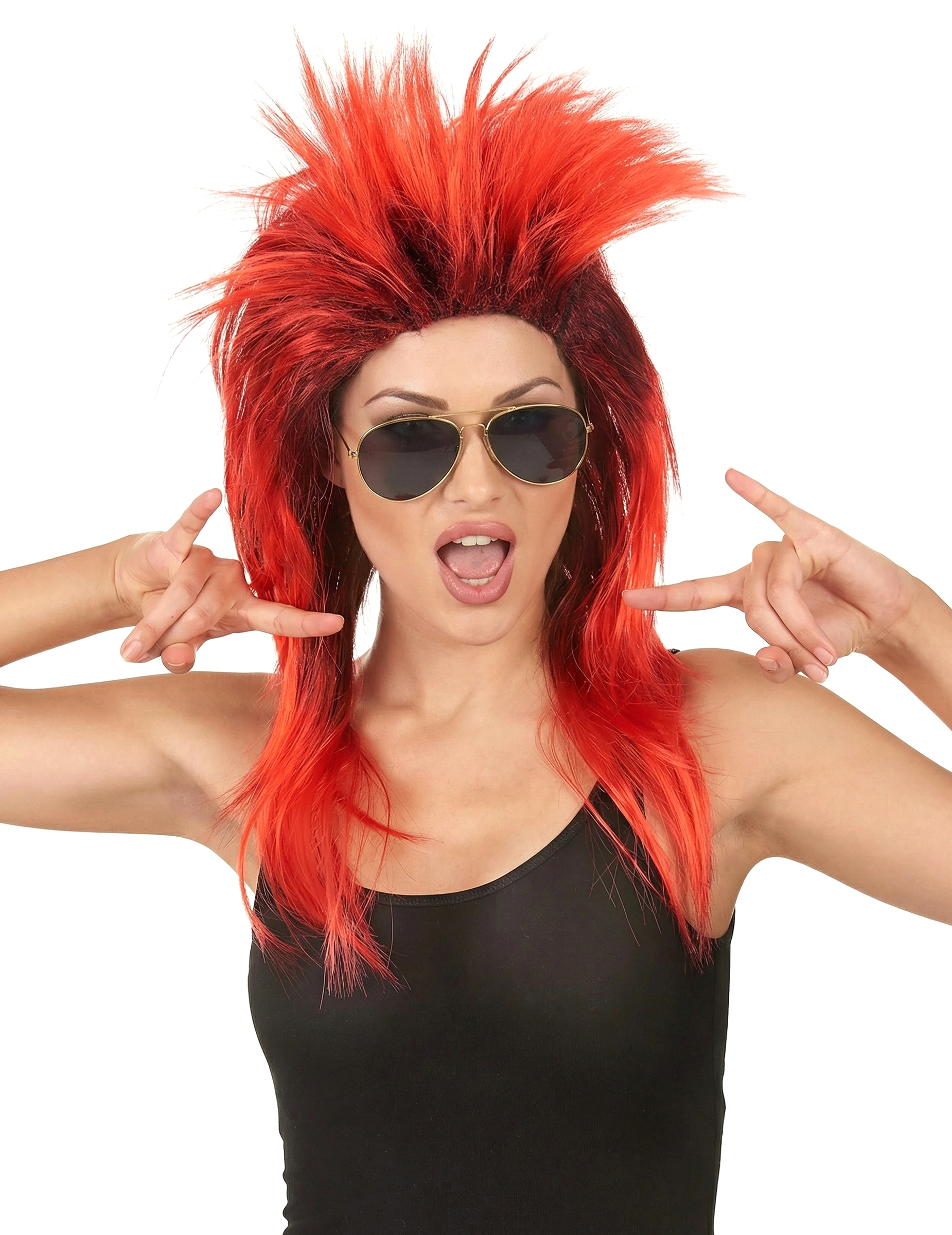 Perruque chanteuse de rock rouge et noire femme