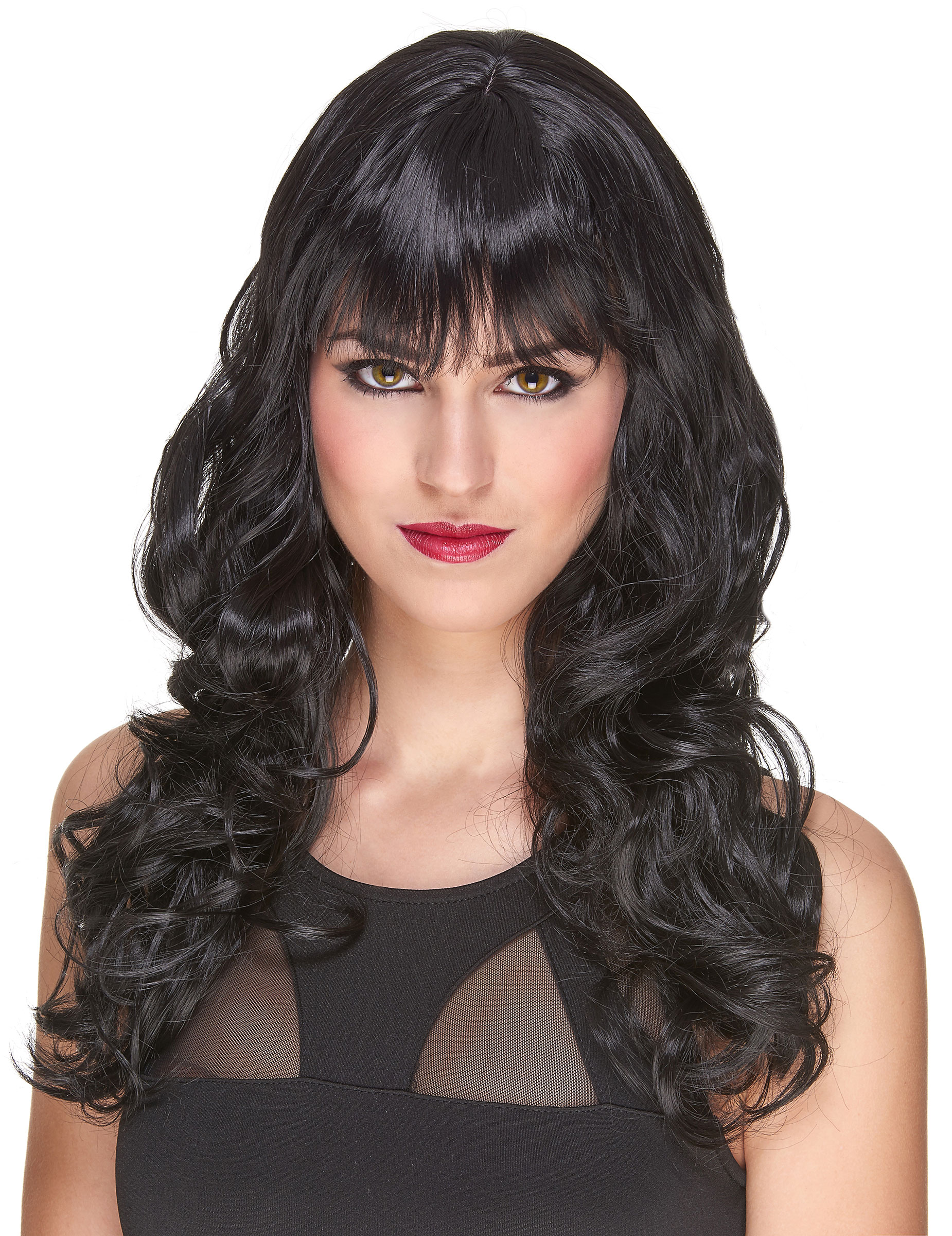 Perruque luxe noire ondulée avec frange femme - 221g