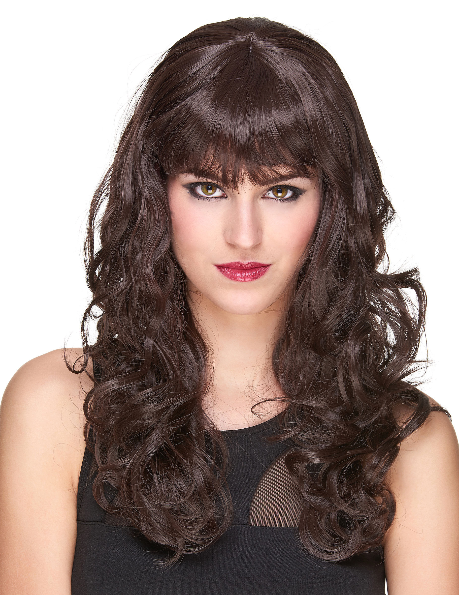 Perruque luxe chatain ondulée avec frange femme - 221g