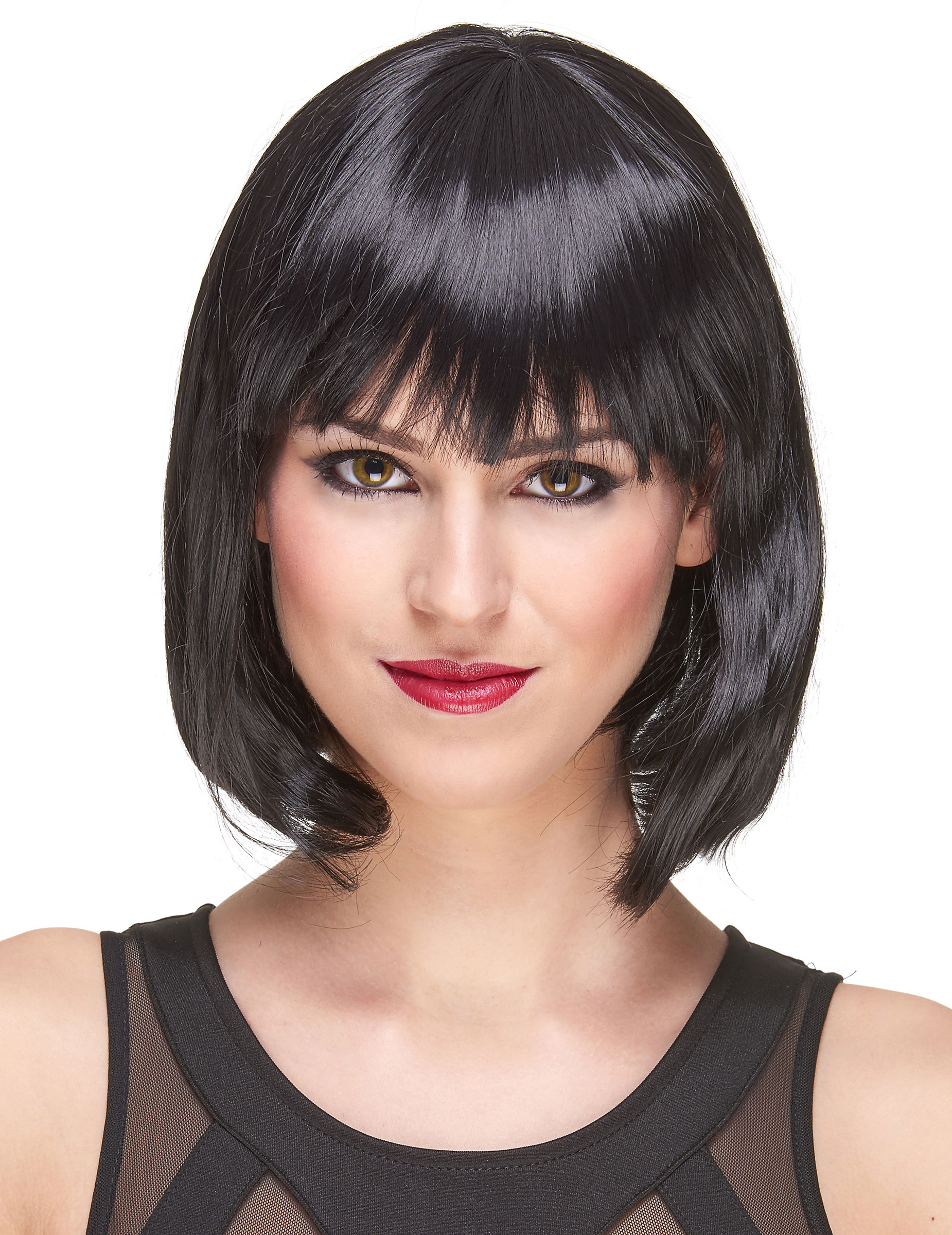 Perruque luxe noire carré plongeant avec frange femme